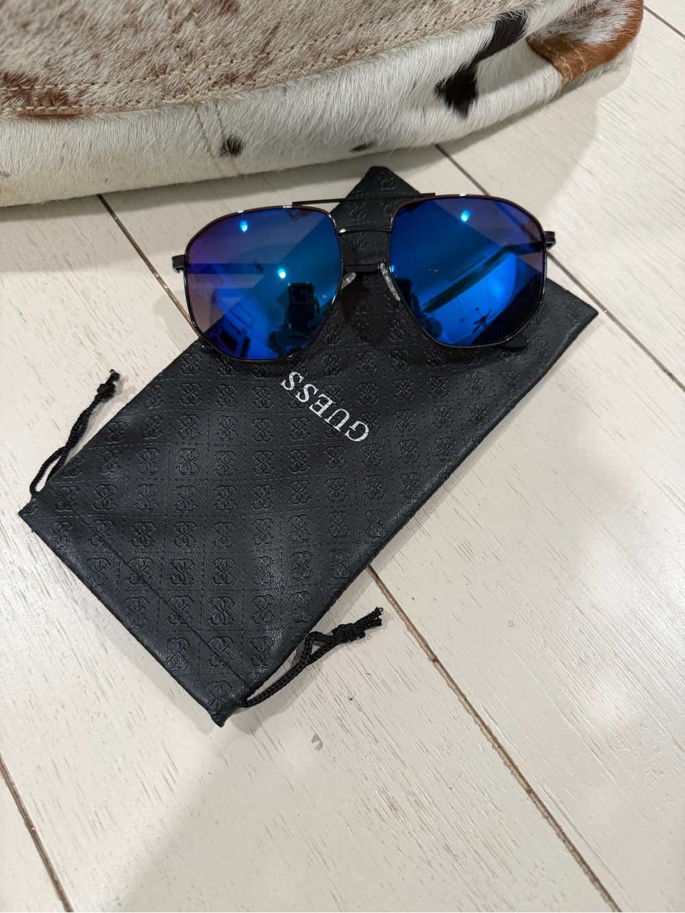 Guess Blue Mirrored Aviator Sunglasses with Black Frame